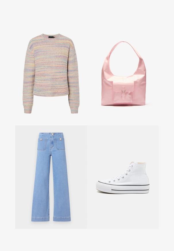 Pastel-stribet sweater lavet af tekstureret strikstof. Har en rund hals, lange ærmer og en afslappet pasform. Farverne inkluderer lyserød, blå og creme.; Lysblå vide jeans med høj talje, to baglommer og guldtonede knapper. Lavet af denim med en glat overflade og rent finish.; Hvide høj-top sneakers lavet af kanvasmateriale, sort gummisål og kontrasterende sort stribe på mellemsålen. Rund tåhætte og snørebåndsdesign.; Lyserød håndtaske med en blank finish, stor skulderrem, forlommer med dekorativ spænde detalje. Glat tekstur, minimalistisk design.
