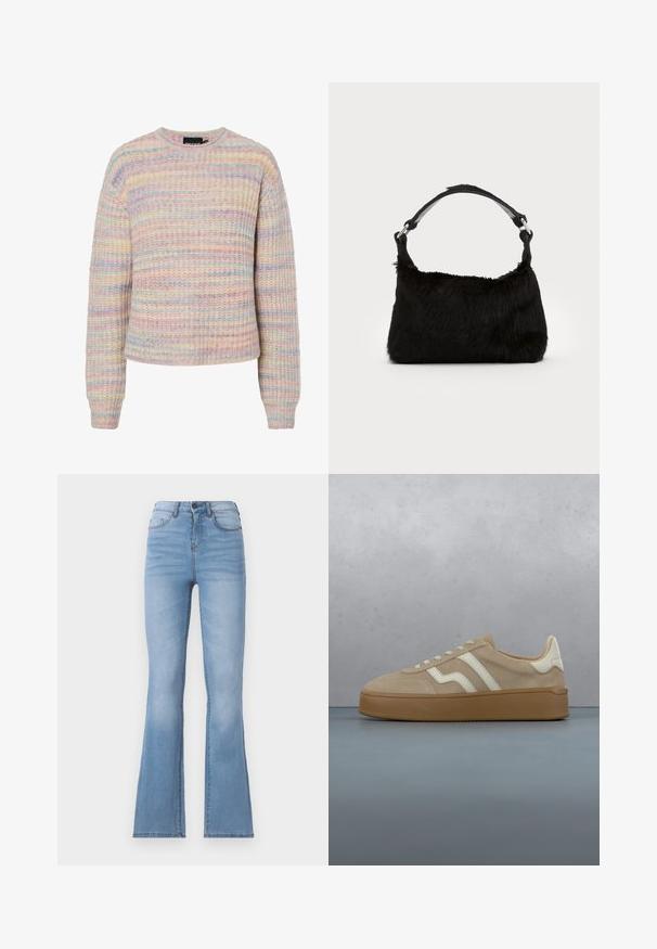 Pastel gestreepte trui van gestructureerde brei-stof. Bevat een ronde halslijn, lange mouwen en een losse pasvorm. Kleuren zijn roze, blauw en crème.; Lichtblauwe high-waisted flared jeans van denim, met voorzakken, een papieren label en stiksels langs de naden.; Beige suède sneaker met witte leren accenten, vetersluiting en een geribbelde rubberen zool. Geplaatst bovenop een houten oppervlak.; Zwarte neplederen handtas met een zachte textuur, ronde vorm en een stevige zwartleren schouderband. Zilveren hardwareaccenten zichtbaar.