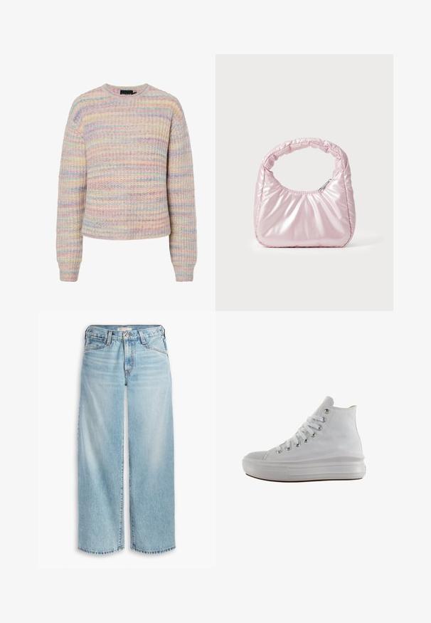 Pastel-stribet sweater lavet af tekstureret strikstof. Har en rund hals, lange ærmer og en afslappet pasform. Farverne inkluderer lyserød, blå og creme.; Lys blå brede jeans lavet af denim, med høj talje, knaplukning og frynsede kanter. Synlig syning og lommer.; Hvid højt canvas sneaksko med hvide snørebånd, metaløjer, tyk gummisål og tekstureret tåhætte, vendt mod venstre på en hvid baggrund.; Rosa, polstret håndtaske med afrundet design, lavet af skinnende materiale. Har et samlet håndtag og en lynlås til sikker adgang.