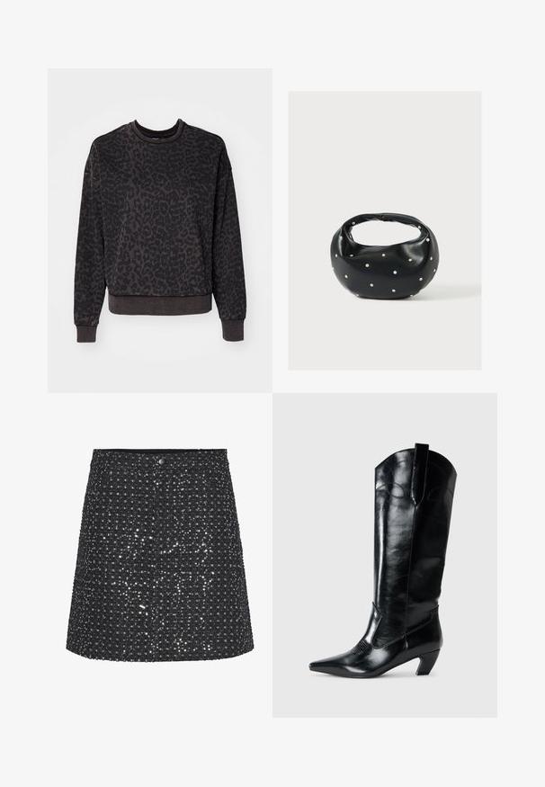 ONLY ONLVOICE O NECK - Sweatshirt - black; Jupe noire au design structuré, en tissu texturé orné de sequins métalliques qui créent un effet scintillant.; Bottes en cuir noir montantes jusqu'au genou, avec une pointe effilée, un talon bas, et des détails de couture décoratifs sur les côtés. Fini lisse et brillant.; Sac à main en cuir noir de forme arrondie, décoré de clous argentés et équipé d'une poignée courte. Texture lisse et fermeture éclair.