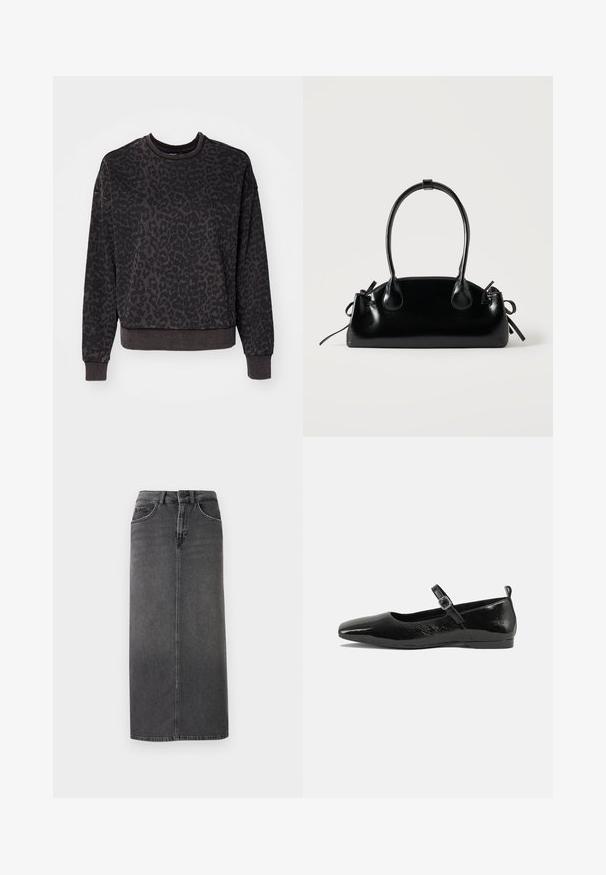 ONLY ONLVOICE O NECK - Sweatshirt - black; Jupe midi en denim gris avec une coupe droite, design à cinq poches et passants de ceinture. Présente une fermeture à bouton sur le devant et des coutures minimalistes.; Chaussure plate en cuir verni noir avec un bout pointu, une sangle de cheville avec boucles, et une texture lisse et brillante. Talon bas pour le confort.; Petit sac à main noir brillant avec deux longues anses et des détails à cordon sur les côtés sur un fond clair uni.