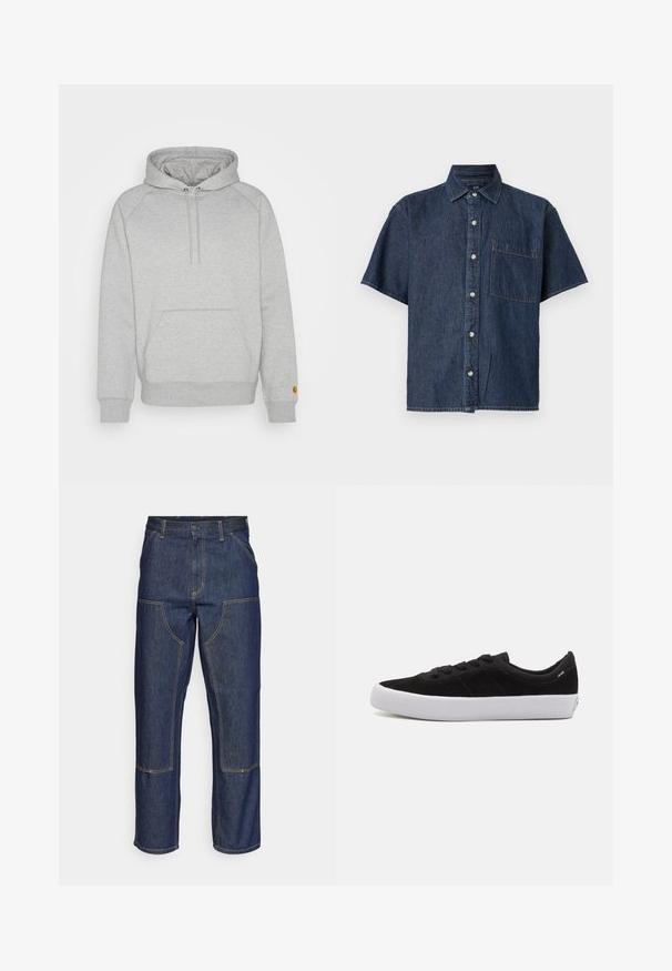 Grå hættetrøje med kængurulomme, ribbede manchetter og kant, med et logo-patch på venstre ærme. Blød stoftekstur.; Mørkeblå denim kortærmet skjorte med knapper, krave og en enkelt brystlomme på venstre side.; Mørkeblå denim jeans med høj talje, lige ben-design, kontrastsyninger og lappelommer foran.; Sorte ruskinds sneakers med rund tå, hvid gummisål og sort snørredesign; glat tekstur og minimalistisk silhuet.