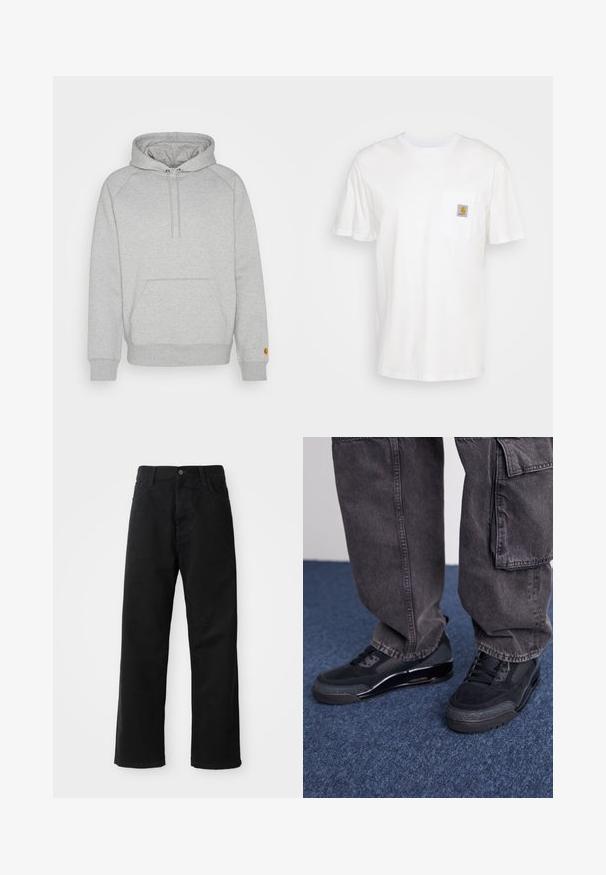 Grijze hoodie met een buidelzak, ribgebreide manchetten en onderkant, voorzien van een logopatch op de linker mouw. Zachte stofstructuur.; Witte katoenen t-shirt met korte mouwen, een borstzak en een klein vierkant logo-opdruk in oranje en wit op de zak.; Zwarte denim broek met een rechte pasvorm, voorzien van voorzakken, een rits en een enkele bovenste knoop. Gestructureerde stof met een matte afwerking.; Zwarte sportieve schoenen met een gestructureerd oppervlak, gladde accenten en een chunky zool, gecombineerd met donkere, loszittende cargo pants.