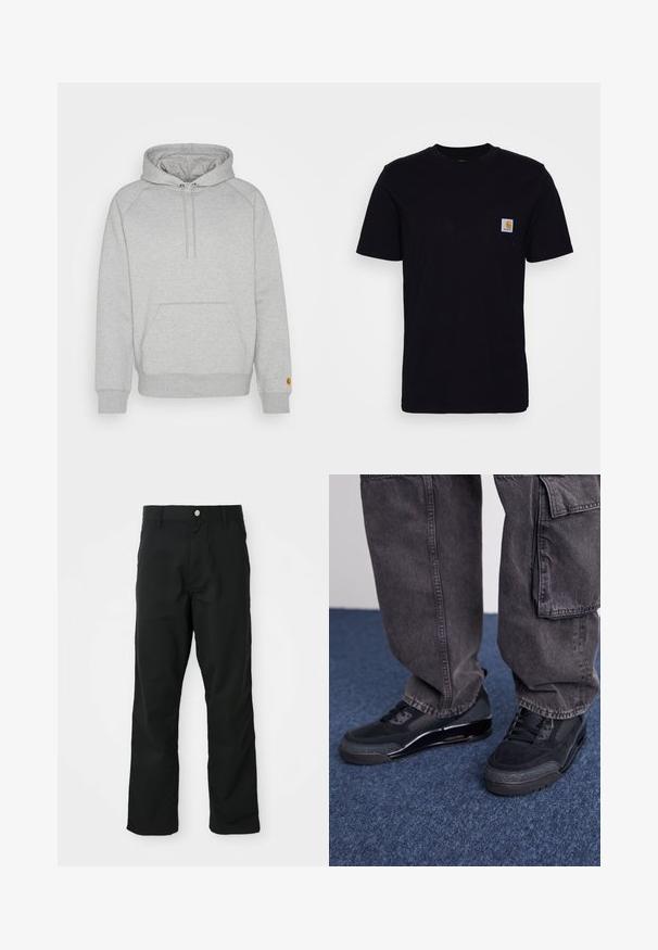 Grå hættetrøje med kængurulomme, ribbede manchetter og kant, med et logo-patch på venstre ærme. Blød stoftekstur.; Sort bomulds T-shirt med korte ærmer, rund hals og en brystlomme, der har et lille, kvadratisk logo-patch. Enkel, ensfarvet design.; Sorte lige bukser med knap- og lynlåslukning, bæltestropper og sidelommer, præsenteret mod en hvid baggrund.; Sorte sportsko med en struktureret overflade, glatte detaljer og en kraftig sål, der er parret med mørke, løstsiddende cargo-bukser.