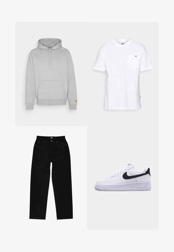 Grijze hoodie met een buidelzak, ribgebreide manchetten en onderkant, voorzien van een logopatch op de linker mouw. Zachte stofstructuur.; Witte katoenen t-shirt met een ronde hals, korte mouwen en een borstzak met een klein merklogo aan de linkerkant.; Zwarte denim jeans met een rechte pasvorm, voorzien van vijf zakken, bruine stiksels en een ritssluiting. Laatste textuur en duurzaam materiaal.; Witte leren sneaker met een gestructureerde zwarte Swoosh, platte veters en een rubberen zool met een geribbeld patroon. "AIR" is in de hak geperst.