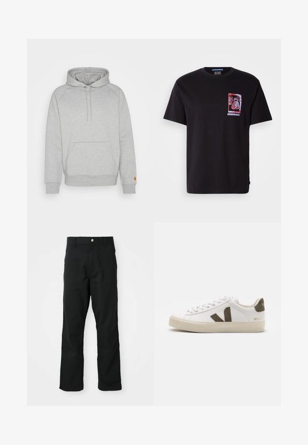 Grå hættetrøje med kængurulomme, ribbede manchetter og kant, med et logo-patch på venstre ærme. Blød stoftekstur.; Scotch & Soda RELAXED FIT FRONT BACK - T-shirts print - meteorite; Sorte lige bukser med knap- og lynlåslukning, bæltestropper og sidelommer, præsenteret mod en hvid baggrund.; Hvide læder sneakers med en lys beige gummisål. Har en brun ruskinds V-logo og hælflap. Snørret lukning med en struktureret overflade.