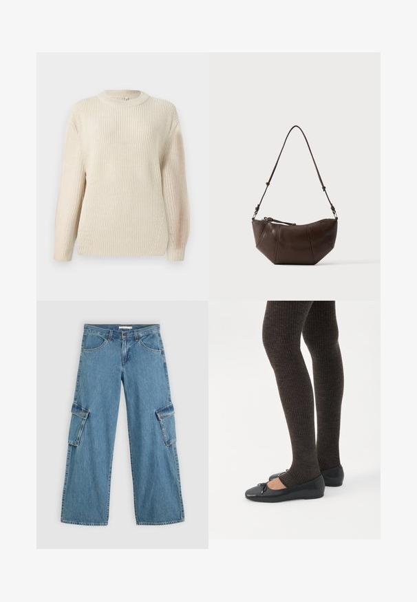 Pull en maille épaisse crème avec un col rond, des manches prolongées et une finition texturée. Présente un léger côte et une coupe décontractée.; Jean cargo à jambes larges en denim bleu clair, avec deux poches latérales à rabat, des coutures contrastées et un design classique à cinq poches.; Jambes portant des leggings côtelés foncés associés à des ballerines noires avec de petits détails en nœud sur fond blanc.; Sac à bandoulière en cuir marron avec un fond incurvé et une sangle réglable sur un fond clair uni.
