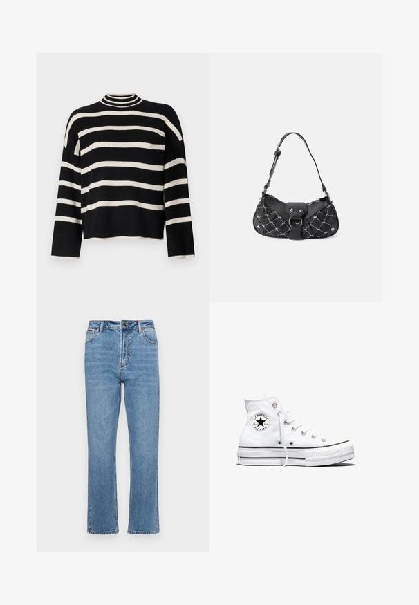 Pull en tricot avec un col haut, présentant des rayures horizontales noires et blanches alternées, une longueur cropped et des manches larges.; Jean en denim bleu clair avec une coupe droite, cinq poches, fermeture à bouton à l'avant et décoloration subtile sur le tissu.; Baskets montantes blanches Converse Chuck Taylor All Star avec patch logo noir et lacets blancs, présentées sur fond blanc.; Sac à main noir avec texture matelassée, doté de quincaillerie en argent, d'une forme incurvée et d'une seule bandoulière réglable. Fermeture zippée sur le dessus.