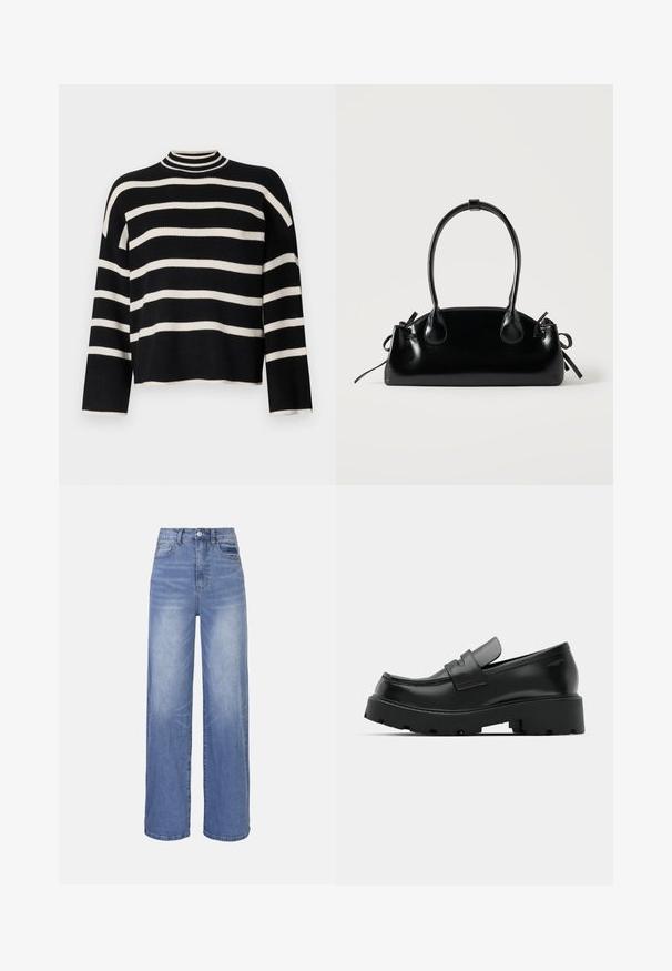 Pull en tricot avec un col haut, présentant des rayures horizontales noires et blanches alternées, une longueur cropped et des manches larges.; Jean denim bleu clair à jambes larges avec taille haute, fermeture par bouton et poches avant. Présente un effet délavé et un léger effet froissé.; Mocassins en cuir noir avec une semelle épaisse et texturée, dotés d'une sangle sur le vamp et d'une finition lisse et polie.; Petit sac à main noir brillant avec deux longues anses et des détails à cordon sur les côtés sur un fond clair uni.