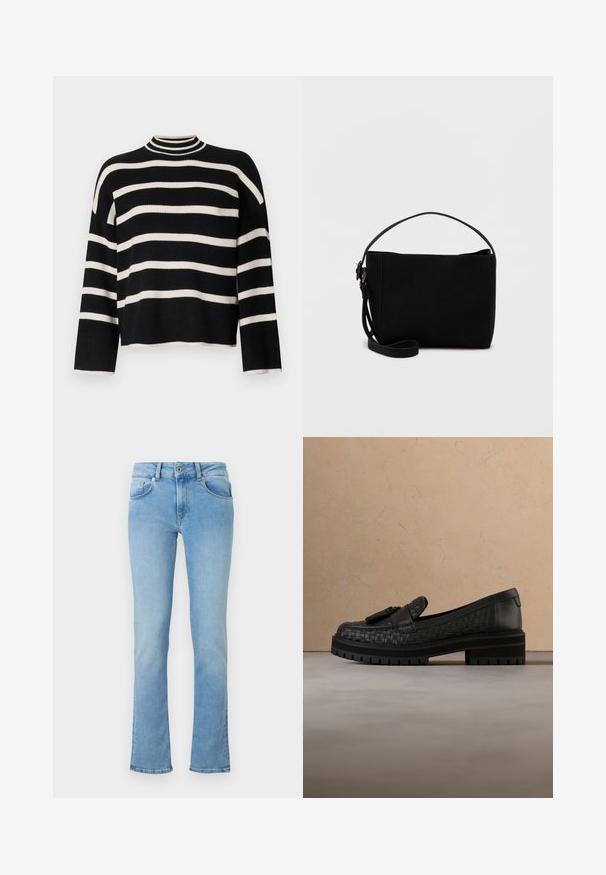 Pull en tricot avec un col haut, présentant des rayures horizontales noires et blanches alternées, une longueur cropped et des manches larges.; Jean en denim bleu clair avec une taille ajustée, jambes évasées, design à cinq poches et fermeture par bouton. Le tissu a une texture lisse.; Mocassins en cuir noir avec texture tissée et détail à pampilles. Semelle en caoutchouc épaisse avec un motif dentelé. Positionnées au-dessus d'un tapis texturé.; Sac à main rectangulaire noir avec une courte poignée et une bandoulière amovible, présenté sur un fond clair uni.