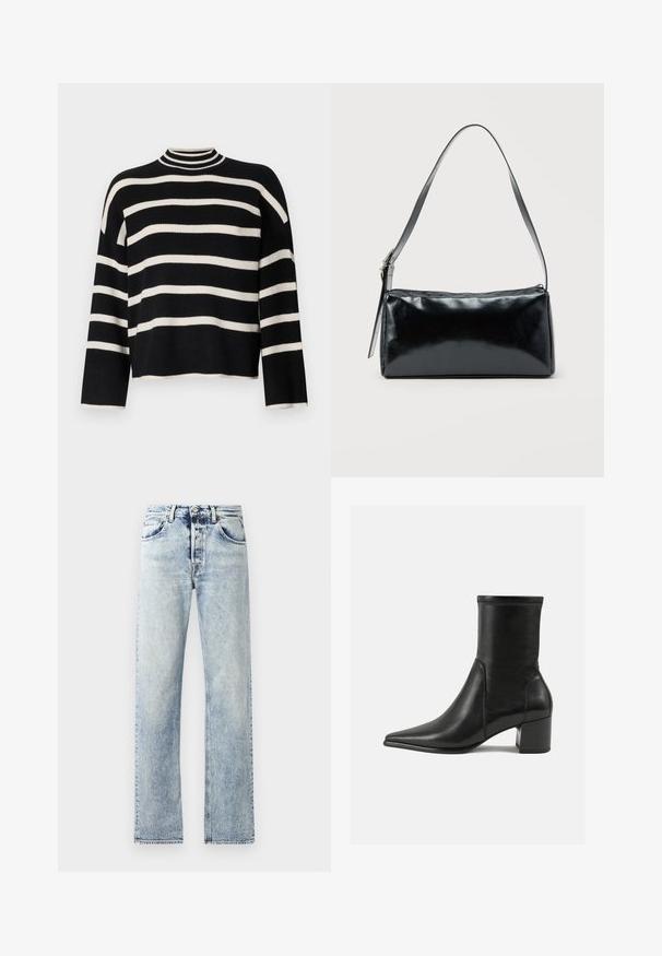 Pull en tricot avec un col haut, présentant des rayures horizontales noires et blanches alternées, une longueur cropped et des manches larges.; Jean en denim bleu clair avec une coupe droite. Caractéristiques : cinq poches, passants de ceinture et ourlet effiloché au bas.; Bottine noire en cuir lisse, avec un bout pointu, un talon carré et des coutures surélevées distinctes au bord supérieur.; Sac d'épaule rectangulaire noir avec une sangle réglable unique et une fermeture éclair supérieure sur un fond uni.