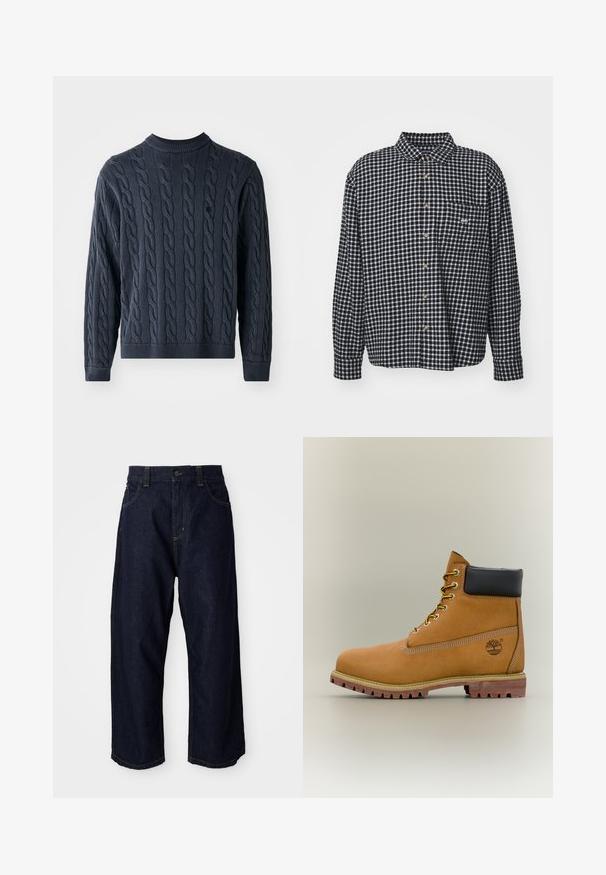 Suéter de punto azul marino con un patrón de trenzas, cuello redondo y puños y dobladillo de canalé. Hecho de tela texturizada para mayor calidez.; Obey Clothing BIGWIG BARRY - Camisa - black; Pantalones de mezclilla azul oscuro con un corte relajado, que cuentan con una cremallera de botón, trabillas para cinturón y costuras y bolsillos con pespuntes amarillos.; Bota de tobillo de cuero marrón con cuello negro, cordones amarillos y suela beige. Presenta un logotipo y detalles de costura blanca. Suela exterior con tracción robusta.
