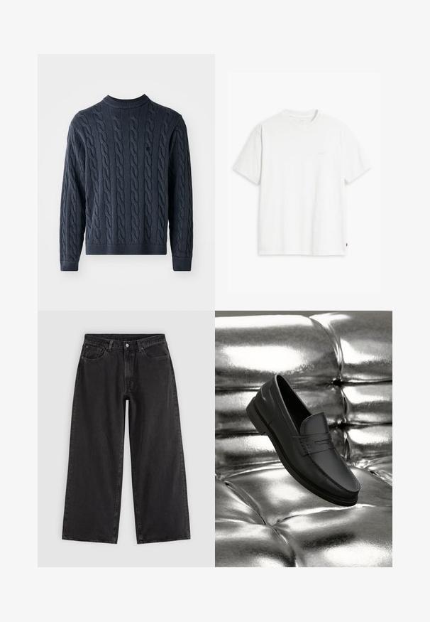 Pull en laine bleu marine tricoté avec un motif en câble, col ras du cou, et poignets et ourlet côtelés. Confectionné dans un tissu texturé pour plus de chaleur.; T-shirt en coton blanc à manches courtes, col rond, avec un logo "Levi's" discret imprimé en couleur claire sur le devant.; Jean en denim noir à jambes larges avec poches avant, passants pour ceinture et fermeture par boutons, présenté sur un fond clair uni.; Mocassins en cuir noir à texture lisse, avec des détails de couture et un design classique, présentés sur un fond métallique et brillant.
