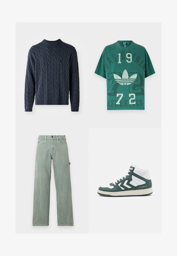 Mørkeblå striktrøje med et kabelmønster, rund halsudskæring og ribbede manchetter og kant. Fremstillet af tekstureret stof for varme.; Grøn oversized t-shirt med Adidas-logo, store tal "109" og "72" samt udvasket "Adidas Originals Athletics" tekst på fronten.; Lysegrønne cowboybukser med vide ben lavet af denim, der har et klassisk design med fem lommer og subtile slidte detaljer.; Høje sneakers med en grøn og hvid farveskema, lædermateriale, perforerede detaljer og en gummisål med teksten "ST. POWER PLAY".