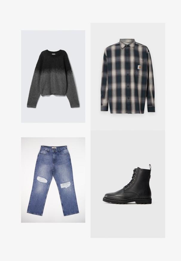 Pull en laine avec un col rond, fabriqué dans un tissu doux et duveteux. Présente un dégradé de gris foncé à gris clair, avec de longues manches.; Chemise à boutons avec un motif écossais bleu et gris, en coton, à manches longues et avec une poche poitrine dotée d'une pièce de logo.; Jean en denim bleu clair avec une taille haute, une coupe droite et deux patchs usés à l'avant. Design classique à cinq poches.; Bottine en cuir noir avec bout rond, design à lacets et œillets métalliques. Dispose d'une semelle texturée et d'une languette au talon pour un enfilage facile.