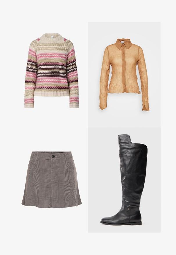 Pull en tricot de couleur crème, rose et marron avec un col rond, des rayures horizontales et des motifs texturés sur l'ensemble. Poignets et ourlet côtelés.; Weekday CRINKLE FITTED SHIRT - Blouse - brown; Jupe à carreaux noir et blanc, fabriquée en tissu léger, dotée d'une ceinture avec un bouton et d'un design plissé pour plus de détails.; Botte noire en cuir montant jusqu'au genou avec semelle plate et haut légèrement plus large, muni d'une coupe asymétrique sur le côté externe.