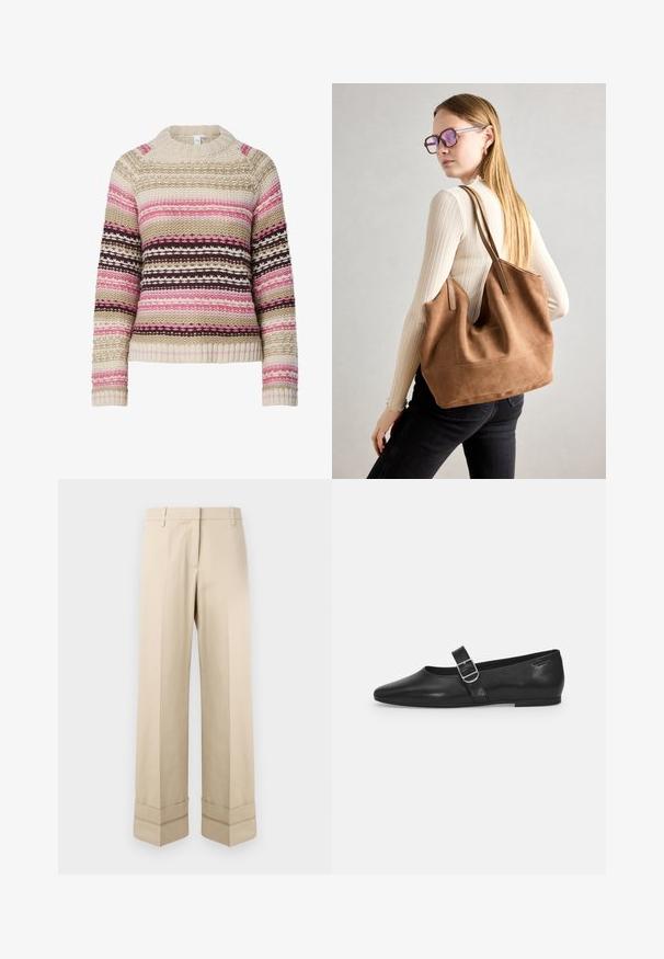 Strikket sweater i cremet, pink og brun med rund hals, vandrette striber og teksturerede mønstre overalt. Ribstrikkede manchetter og søm.; Beige bukser med lige pasform, der har en dobbelt manchet i kanten og en flad frontdesign. Lavet af glat, slidstærkt stof.; Sorte læder flade sko med rund tå, et enkelt justerbart spænde og en glat, blank overflade. Minimalistisk design med en lav hæl.; Brun ruskind tote taske med blød tekstur, stor åbning og lange stropper. Har et enkelt design med synlige syninger og ingen hardware.