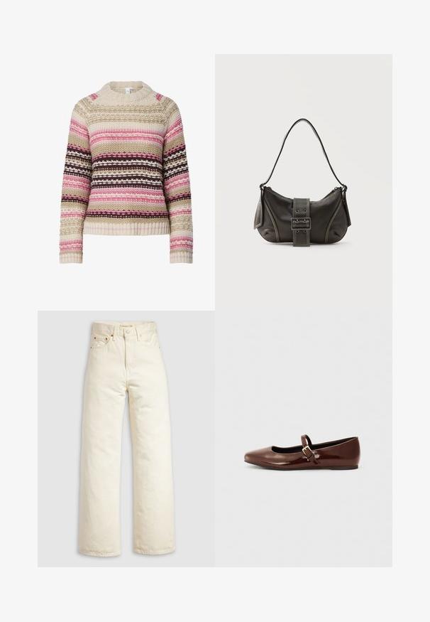 Strikket sweater i cremet, pink og brun med rund hals, vandrette striber og teksturerede mønstre overalt. Ribstrikkede manchetter og søm.; Vidbenede jeans i offwhite denim med høj talje, kobbernitter og klassisk design med fem lommer. Struktureret stof med rene kanter.; Brun patentlæder balletflade med firkantet tå og strop med en lille guldbuckle. Glat tekstur, lav hæl og minimalistisk design.; Sort læder skuldertaske med spænde på remmen, afrundede kanter og kontrasterende hvide syninger på en ensfarvet baggrund.