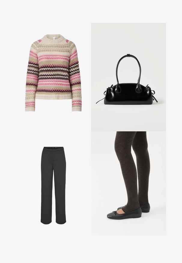 Strikket sweater i cremet, pink og brun med rund hals, vandrette striber og teksturerede mønstre overalt. Ribstrikkede manchetter og søm.; Mørkegrønne bukser med vidde, lavet af glat stof. Har en talje med bæltestropper, forlommer og lige pasform.; Ben iført mørke ribbede leggings kombineret med sorte balletsko med små sløjfedetaljer på hvid baggrund.; Lille sort blank håndtaske med to lange håndtag og snøre-detaljer i siden på en ensfarvet lys baggrund.