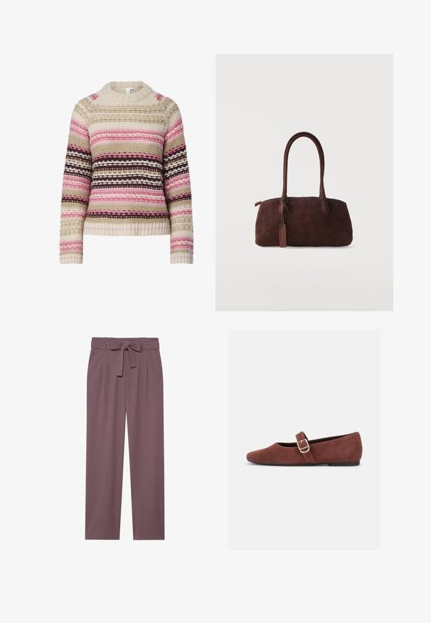 Strikket sweater i cremet, pink og brun med rund hals, vandrette striber og teksturerede mønstre overalt. Ribstrikkede manchetter og søm.; Plumfarvede bukser med bred benstørrelse, bæltet talje, plisseret front og glat tekstur. Har sidelommer og skræddersyet design.; Brun ruskind Mary Jane-flad sko med en guldspænde og sort sål på hvid baggrund.; Mørkebrun ruskindshåndtaske med to lange håndtag og en lille fastgjort tag, sat mod en ensfarvet lys baggrund.