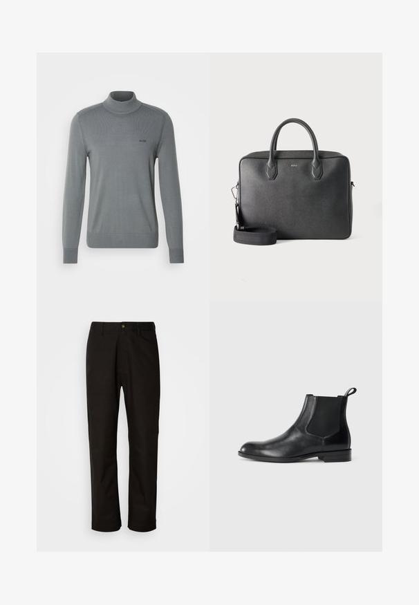 Pull gris avec un col roulé côtelé, des manches longues et un ourlet ajusté. Design minimaliste avec un petit logo noir sur la poitrine.; Pantalon en coton noir avec une coupe droite, des passants de ceinture, une fermeture éclair à l'avant et un seul bouton. Texture lisse sans motifs visibles.; Bottine en cuir noir avec des panneaux latéraux élastiques, bout rond et tirette. Texture lisse, semelle plate, design minimaliste.; Serviette en cuir noire avec deux poignées supérieures, bandoulière détachable et petit logo BOSS centré à l'avant sur fond uni.