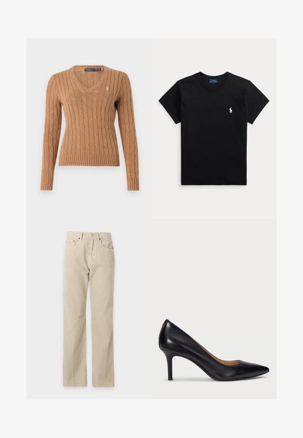Pull à col en V en maille torsadée marron clair avec manches longues et poignets et ourlet côtelés, arborant un petit logo brodé sur la poitrine.; T-shirt noir à manches courtes et col rond avec un petit logo cheval blanc Polo Ralph Lauren sur la poitrine gauche.; Pantalon beige en velours côtelé à jambes droites, avec poches avant, passants pour ceinture et fermeture par bouton, présenté sur un fond uni.; Lauren Ralph Lauren LANETTE PUMPS CLOSED TOE - Escarpins - black