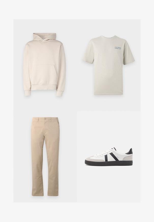 Beige hættetrøje lavet af blødt stof, med en frontlomme, ribbede manchetter og hætte med snøre. Enkel, udekoreret design.; Lys beige kortærmet t-shirt lavet af blød bomuld, med en blå teksttryk "SOHO Social Coffee CLUB" på venstre brystområde.; Beige chinos lavet af bomuld, med lige ben-design, traditionel knaplukning og sidelommer med ren syning.; Hvide sneakers med sorte og grå detaljer, med en tekstureret grå tåhætte, sort gummisål og flade hvide snørebånd. Rent design, minimalistisk stil.