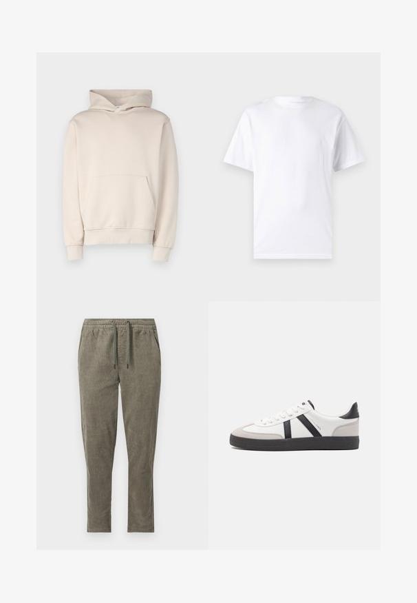 Beige hættetrøje lavet af blødt stof, med en frontlomme, ribbede manchetter og hætte med snøre. Enkel, udekoreret design.; Hvid kortærmet t-shirt lavet af bomuld med rund hals, der har en glat tekstur og et simpelt design uden mønstre eller accenter.; Olivenfarvede manchesterbukser med elastisk talje og snøre, med sidelommer og lige ben.; Hvide sneakers med sorte og grå detaljer, med en tekstureret grå tåhætte, sort gummisål og flade hvide snørebånd. Rent design, minimalistisk stil.
