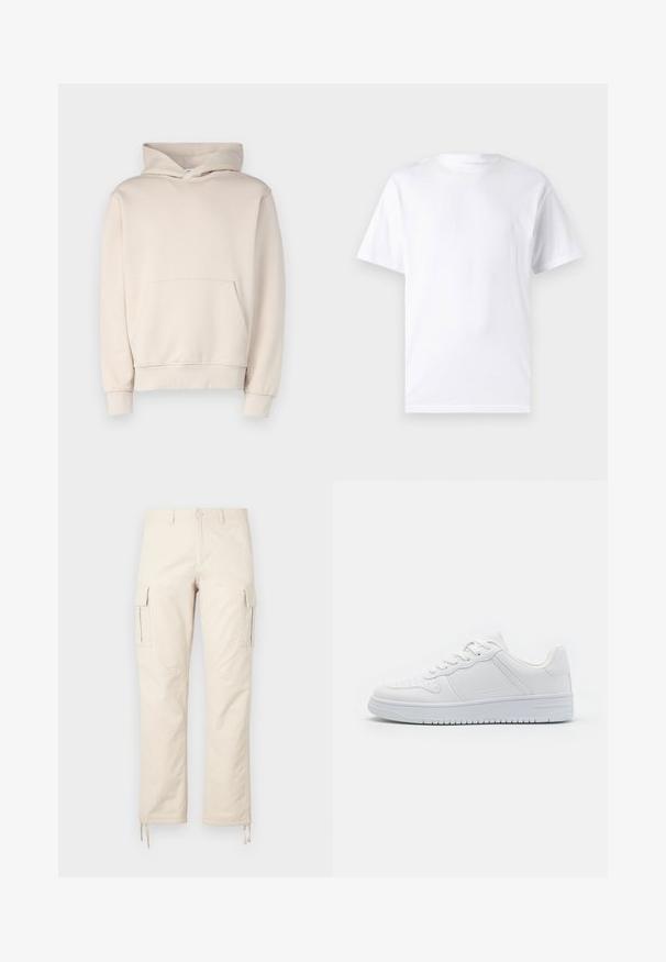 Beige hættetrøje lavet af blødt stof, med en frontlomme, ribbede manchetter og hætte med snøre. Enkel, udekoreret design.; Hvid kortærmet t-shirt lavet af bomuld med rund hals, der har en glat tekstur og et simpelt design uden mønstre eller accenter.; Beige cargo bukser lavet af bomuldsblanding. Funktioner inkluderer to sidelommer, en lige ben design og justerbare snore i kanten.; Hvide sneakers lavet af glat syntetisk materiale, med flade snørebånd, perforeret tå og en gummisål med et tekstureret grebmønster.