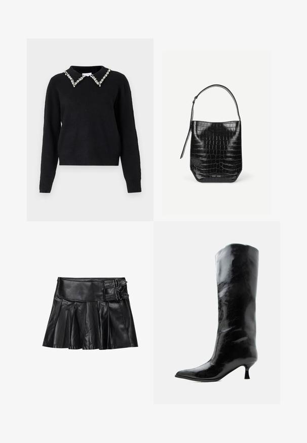 VILA VIPEARL O NECK - Pullover - black; Jupe en cuir noir avec des plis, taille large et deux accents à boucle sur le côté. Texture lisse avec une finition brillante.; Botte en cuir noire brillante, haute jusqu'au genou, avec bout pointu et talon bas courbé sur un fond clair uni.; Sac seau en cuir embossé noir façon croco avec une seule bandoulière et un petit logo argenté de la marque au centre en bas à l'avant.