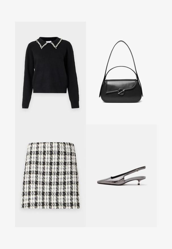 VILA VIPEARL O NECK - Pullover - black; Jupe à carreaux noir et blanc en tissu texturé, dotée d'un design structuré avec une coupe droite et des détails minimalistes.; Chaussure slingback gris métallique à bout pointu, petit talon kitten et bride réglable sur fond blanc.; Sac à bandoulière en cuir noir avec un rabat incurvé fermé par un fermoir métallique rond et une sangle fine et ajustable.