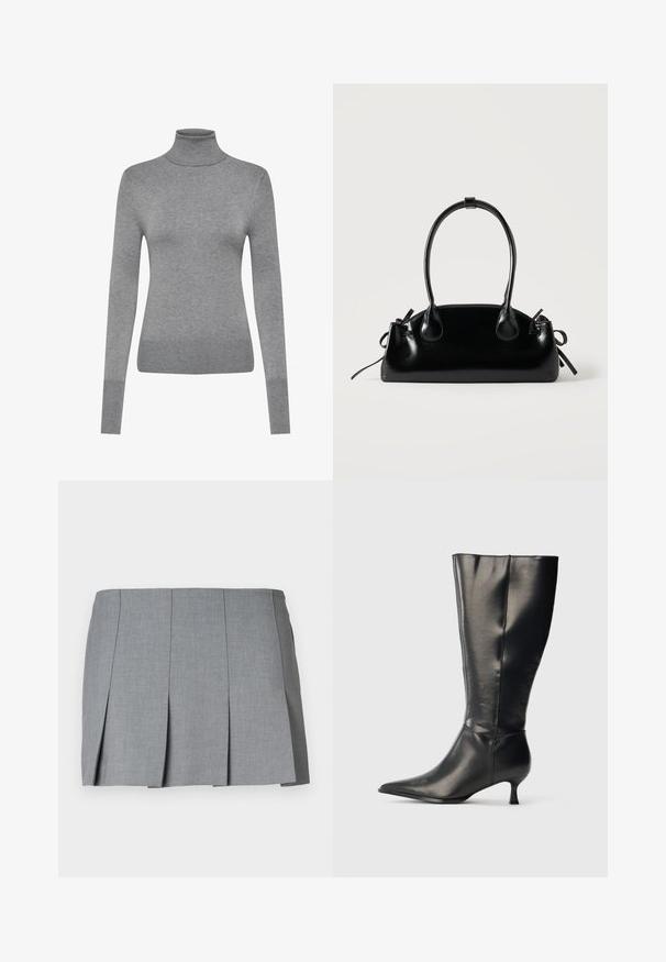 ONLY ONLVENICE ROLLNECK - Πουλόβερ - light grey melange; Γκρίζα πλισέ φούστα με λείο υφή, δομημένο σχέδιο και εφαρμοστό μέση. Φτιαγμένη από ελαφρύ ύφασμα με διακριτό σχέδιο.; Μαύρη δερμάτινη μπότα μέχρι το γόνατο με μυτερό μπροστινό μέρος και χαμηλό τακούνι στιλέτο, εμφανίζεται σε απλό φωτεινό φόντο.; Μικρή μαύρη γυαλιστερή τσάντα με δύο μακριές λαβές και λεπτομέρειες με ρυθμιζόμενο κορδόνι στο πλάι σε απλό ανοιχτό φόντο.