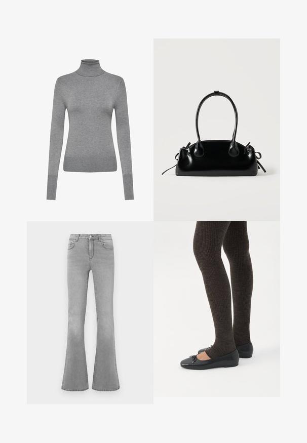 ONLY ONLVENICE ROLLNECK - Pullover - light grey melange; Jean flare gris en denim, avec un design classique à cinq poches, une fermeture éclair et des détails de décoloration subtils le long des jambes.; Jambes portant des leggings côtelés foncés associés à des ballerines noires avec de petits détails en nœud sur fond blanc.; Petit sac à main noir brillant avec deux longues anses et des détails à cordon sur les côtés sur un fond clair uni.