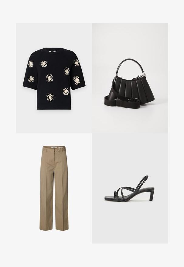 Pull en maille noir à manches courtes avec des motifs de fleurs de couleur crème brodés uniformément sur le devant et uncol en rib et ourlet.; Pantalon beige à jambes droites avec passants pour ceinture, détail de couture avant et fermeture avant cachée.; Sandale noire à lanières avec un bout carré et un petit talon bloc. Elle présente plusieurs fines lanières et une sangle de cheville ajustable. Fabriquée en cuir lisse.; Sac à main plissé noir avec une poignée arrondie, une bandoulière réglable et une texture brillante. Présente des accessoires en argent et une silhouette structurée.