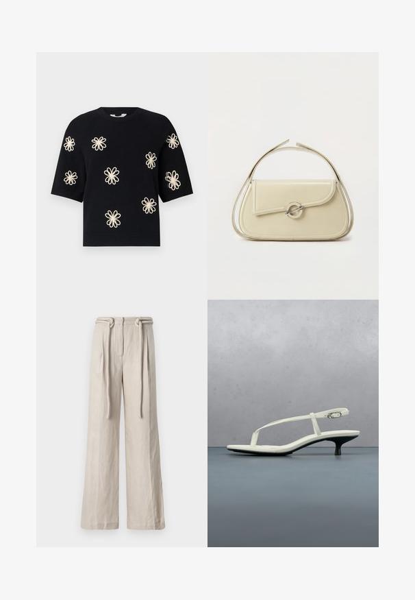 Pull en maille noir à manches courtes avec des motifs de fleurs de couleur crème brodés uniformément sur le devant et uncol en rib et ourlet.; Pantalons larges en lin beige clair avec une taille haute, des plis avant et un détail de ceinture nouée. Texture lisse et coupe décontractée.; Sandale blanche à talon kitten avec des lanières et un bout pointu, flottant au-dessus d'un sol en carrelage en bois en plein air avec un arrière-plan flou de plante et de mur.; Sac à main en cuir crème avec rabat incurvé, fermoir circulaire en argent et poignée courte sur le dessus, sur fond blanc uni.