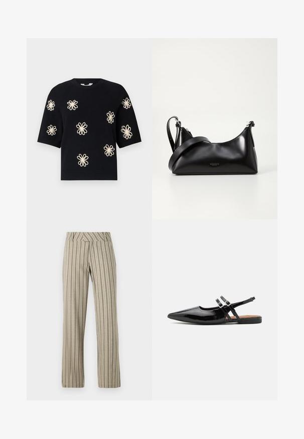 Pull en maille noir à manches courtes avec des motifs de fleurs de couleur crème brodés uniformément sur le devant et uncol en rib et ourlet.; Pantalons larges rayés beige en tissu léger, dotés d'une taille haute et d'une coupe droite avec des poches latérales.; Des chaussures slingbacks en cuir verni noir présentent un bout pointu, deux sangles avec des accents de boucle, et une semelle plate.; Sac à main en cuir noir avec une texture lisse. Dispose d'une bandoulière adjustable et d'un design élégant et minimaliste avec une fermeture éclair.