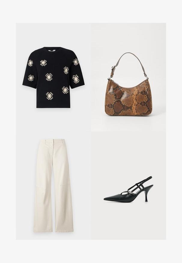Pull en maille noir à manches courtes avec des motifs de fleurs de couleur crème brodés uniformément sur le devant et uncol en rib et ourlet.; Pantalons larges en tissu coton crème. Présente une taille haute, un design structuré et des détails de couture minimalistes. Devant plat avec poches.; Escarpin slingback en cuir noir à bout pointu avec fines brides et une petite boucle décorative argentée sur le côté.; Petit sac à main avec un motif en peau de serpent marron et noir, courroie courte et ajustable, et fermeture éclair.