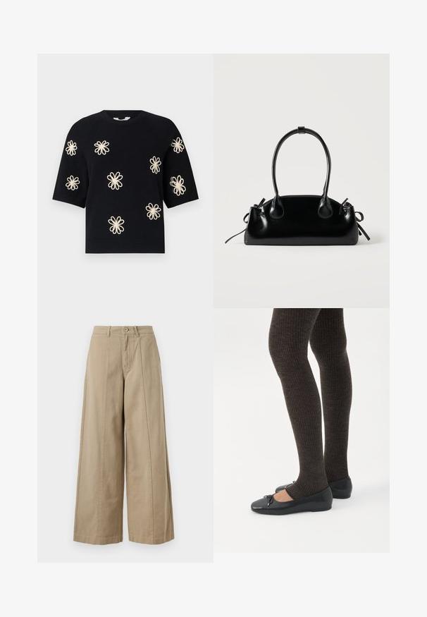 Pull en maille noir à manches courtes avec des motifs de fleurs de couleur crème brodés uniformément sur le devant et uncol en rib et ourlet.; Pantalons larges beiges en coton robuste, avec une fermeture à bouton, des passants de ceinture et des plis avant nets sans poches visibles.; Jambes portant des leggings côtelés foncés associés à des ballerines noires avec de petits détails en nœud sur fond blanc.; Petit sac à main noir brillant avec deux longues anses et des détails à cordon sur les côtés sur un fond clair uni.