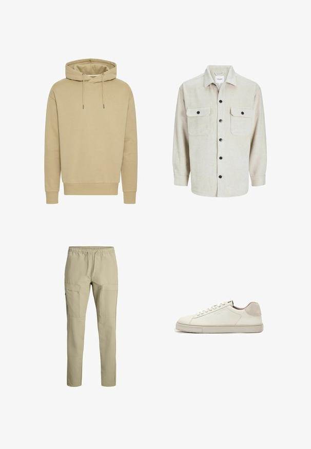 Khaki hættetrøje, blanding af bomuld, ribbede manchetter og kant, justerbare snore, glat tekstur, afslappet pasform, ingen synlige mønstre.; Beige flannel skjorte med krave, der har to brystlommer, sorte knapper og lange ærmer med knapmanchetter.; Khaki cargo bukser med elastisk talje, snøre lukning og to store sidelommer. Fremstillet af letvægtsmateriale med en glat overflade.; Hvid lavtopet lædersneaker med hvide snørebånd, let struktureret sål og lys grå ruskinds-hælpatch, sideudsigt.