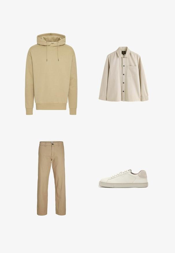 Khaki hættetrøje, blanding af bomuld, ribbede manchetter og kant, justerbare snore, glat tekstur, afslappet pasform, ingen synlige mønstre.; Beige langærmet skjorte med knapper, krave og en brystlomme, lavet af et robust stof.; Beige bukser med lige ben, knaplukning, bæltestropper og forlommer, vist mod en hvid baggrund.; Hvid lavtopet lædersneaker med hvide snørebånd, let struktureret sål og lys grå ruskinds-hælpatch, sideudsigt.