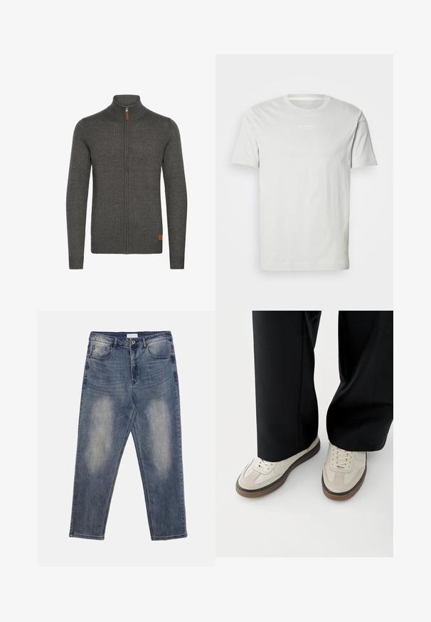Sudadera gris con cremallera y cuello alto, textura canalé, y un pequeño detalle de cuero en la parte inferior izquierda. Mangas largas y diseño ajustado.; Camiseta blanca de algodón con mangas cortas, cuello redondo y un pequeño logo en el pecho. Textura suave y un corte clásico. Sin estampados.; Vaqueros azules descoloridos de pierna recta con bolsillos delanteros y de moneda, cierre de botón y costuras visibles a lo largo de las costuras y los bolsillos.; Pies con zapatillas beige con suelas marrones y pantalones negros de pierna ancha sobre un fondo blanco.