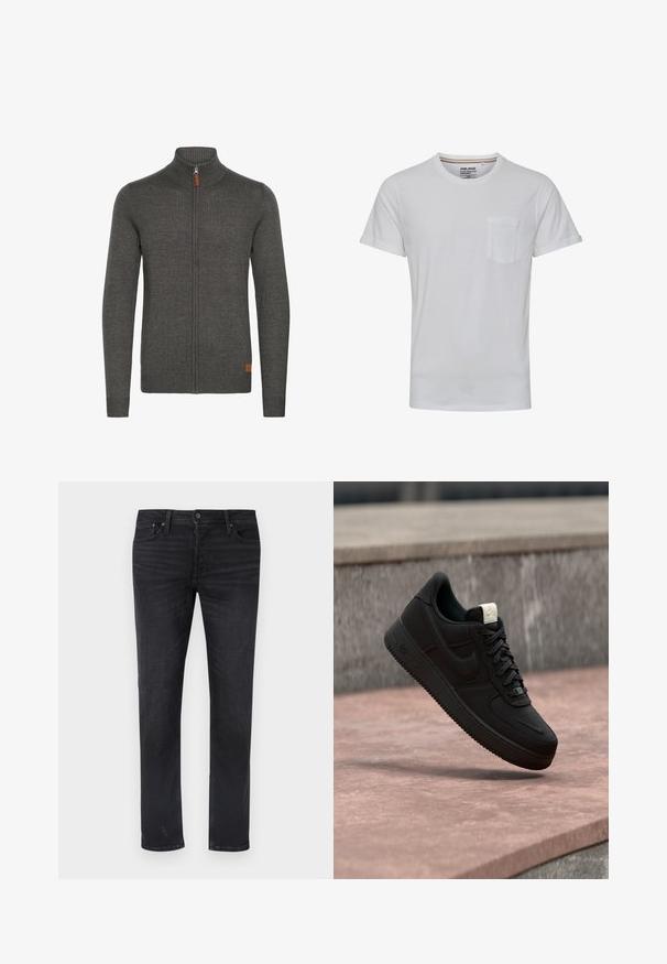 Sudadera gris con cremallera y cuello alto, textura canalé, y un pequeño detalle de cuero en la parte inferior izquierda. Mangas largas y diseño ajustado.; Camiseta blanca de manga corta con cuello redondo y un bolsillo en el pecho. Fabricada con una tela suave, cuenta con puños enrollados y un corte holgado.; Vaqueros de mezclilla negra con corte de pierna recta, que cuentan con cinco bolsillos, una pretina de talle medio y detalles sutiles de desgaste.; Zapatilla negra Nike Air Force 1 flotando sobre un borde de hormigón rosa con fondo de piedra gris, mostrando detalles laterales y superiores.
