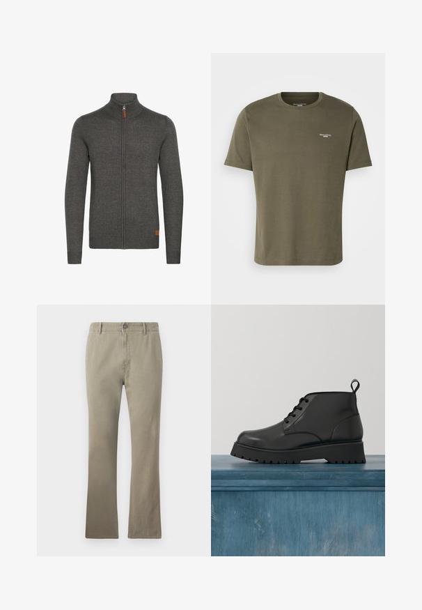 Sudadera gris con cremallera y cuello alto, textura canalé, y un pequeño detalle de cuero en la parte inferior izquierda. Mangas largas y diseño ajustado.; Camiseta de algodón verde oliva con mangas cortas, cuello redondo y pequeño logo blanco en el pecho. Textura suave y corte casual.; Pantalones de algodón beige con corte recto, que cuentan con cierre de botón, trabillas para cinturón y una superficie ligeramente texturizada, ideales para un uso casual.; Botín de piel negra con acabado brillante. Presenta una puntera redondeada, diseño de cordones y una suela gruesa con estrías para mayor tracción.