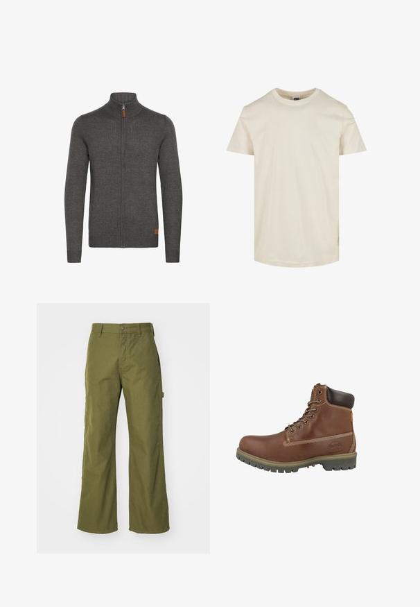 Sweat-shirt zippé gris avec un col haut, texture côtelée, et un petit accent en cuir en bas à gauche. Manches longues et design ajusté.; T-shirt à manches courtes, col rond, de couleur beige clair. Fabriqué en coton doux, il présente une texture lisse et un ourlet droit.; Pantalons larges vert olive en tissu durable, dotés d'une fermeture à bouton, de poches latérales et d'un design à ourlet droit.; Bottine en cuir marron avec un bout rond, un col rembourré, des coutures blanches et une semelle en caoutchouc avec motif antidérapant.