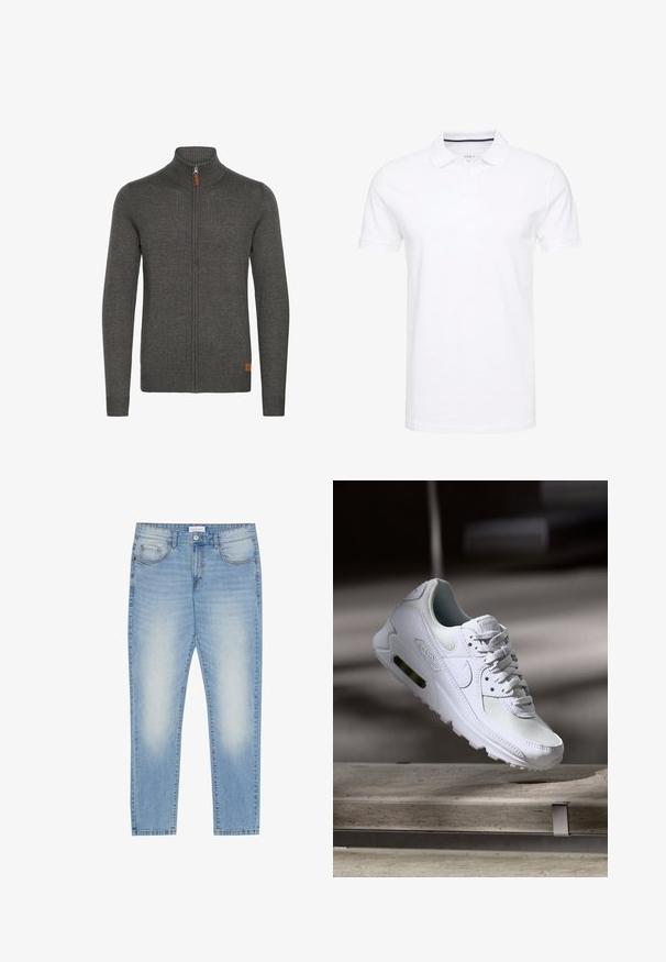 Sudadera gris con cremallera y cuello alto, textura canalé, y un pequeño detalle de cuero en la parte inferior izquierda. Mangas largas y diseño ajustado.; Camisa polo blanca de algodón, con un cuello tradicional, mangas cortas y tapeta de tres botones con sutiles detalles en azul marino en el interior.; Vaqueros de denim azul claro con ajuste regular, diseño de cinco bolsillos, ligeros desgastados en la parte delantera y acabado de pierna recta.; Zapatilla Nike Air Max 90 blanca con parte superior de malla y cuero, caja de puntera perforada y unidad de aire visible en el talón.
