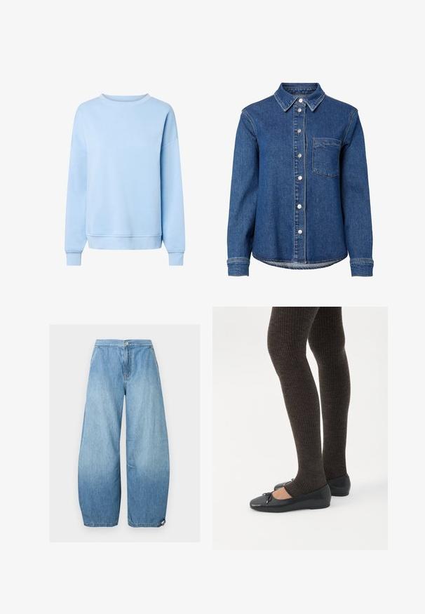Sweat-shirt bleu clair à manches longues avec col rond, poignets et ourlet côtelés, présenté sur fond blanc.; Chemise en denim bleu à manches longues avec boutons sur le devant, une seule poche poitrine à gauche et un col classique.; Jean denim bleu clair à jambes larges avec poches avant, fermeture par bouton et ourlets réglables par cordon.; Jambes portant des leggings côtelés foncés associés à des ballerines noires avec de petits détails en nœud sur fond blanc.