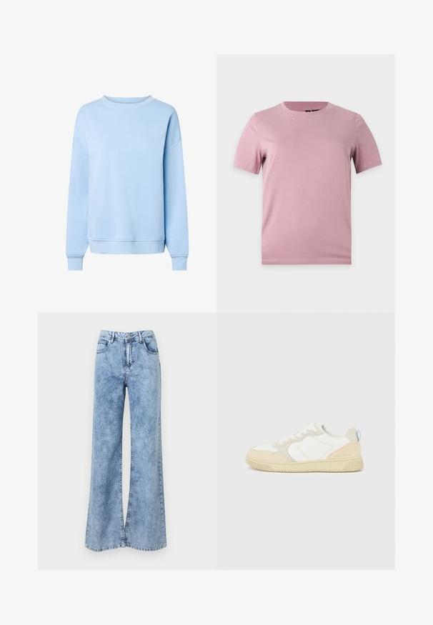 Sweat-shirt bleu clair à manches longues avec col rond, poignets et ourlet côtelés, présenté sur fond blanc.; T-shirt uni en coton rose pâle à manches courtes avec col rond, présenté sur un fond plat gris clair.; Jean large taille haute bleu clair avec bouton et fermeture éclair à l'avant, doté de deux poches avant et de passants pour ceinture.; Baskets blanches et beiges avec dessus en suède et textile, présentant des coutures contrastées, une semelle en caoutchouc et un accent bleu clair sur le talon.