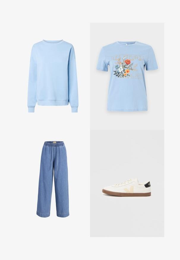 Sweat-shirt bleu clair à manches longues avec col rond, poignets et ourlet côtelés, présenté sur fond blanc.; T-shirt bleu clair à manches courtes avec un motif floral et le texte "LES FLEURS" en or au-dessus de fleurs orange, blanches et bleues.; Pantalon en jean bleu clair à jambes larges avec ceinture élastique et fermeture à cordon à l'avant.; Baskets blanches en matériau synthétique lisse, dotées d'un logo V beige, d'une semelle en caoutchouc brun clair et d'accents noirs au talon.