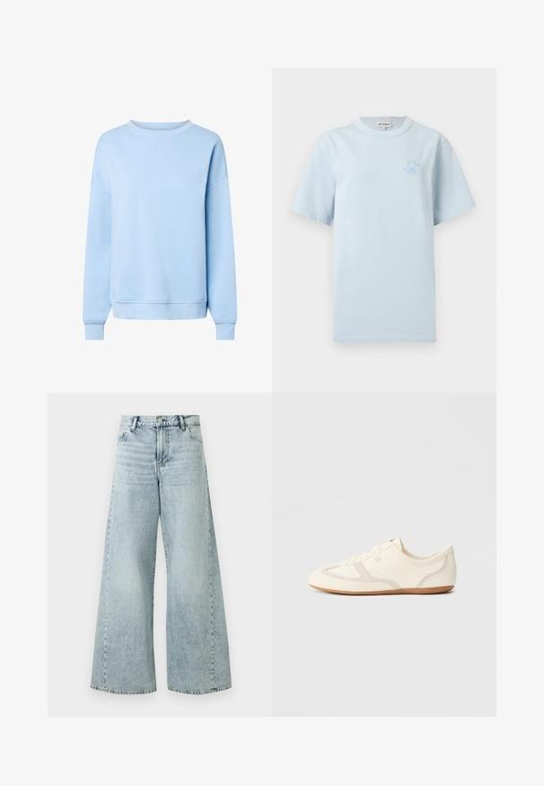 Sweat-shirt bleu clair à manches longues avec col rond, poignets et ourlet côtelés, présenté sur fond blanc.; T-shirt bleu clair à manches courtes avec col rond et petit logo renard brodé en bleu sur la poitrine gauche.; Jean en denim bleu clair à jambes larges avec taille haute, doté d'une fermeture à bouton, de cinq poches et de détails à l'ourlet effiloché.; Baskets couleur crème avec une tige en daim et tissu, un bout arrondi, et une semelle en caoutchouc avec un détail accent beige. Fermeture à lacets.