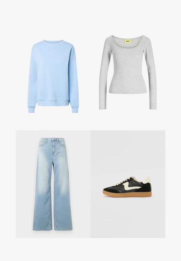 Sweat-shirt bleu clair à manches longues avec col rond, poignets et ourlet côtelés, présenté sur fond blanc.; Haut gris clair à manches longues, ajusté, avec un large col en forme de scoop et une étiquette de marque jaune "JJXX" cousue à l'intérieur du col.; Jean large bleu clair à taille haute, avec boutons à l'avant et poches, présenté sur un fond blanc.; Baskets en daim et cuir noir avec un swoosh latéral crème et un talon crème clair. Dotées de lacets beige et d'une semelle en caoutchouc gomme.